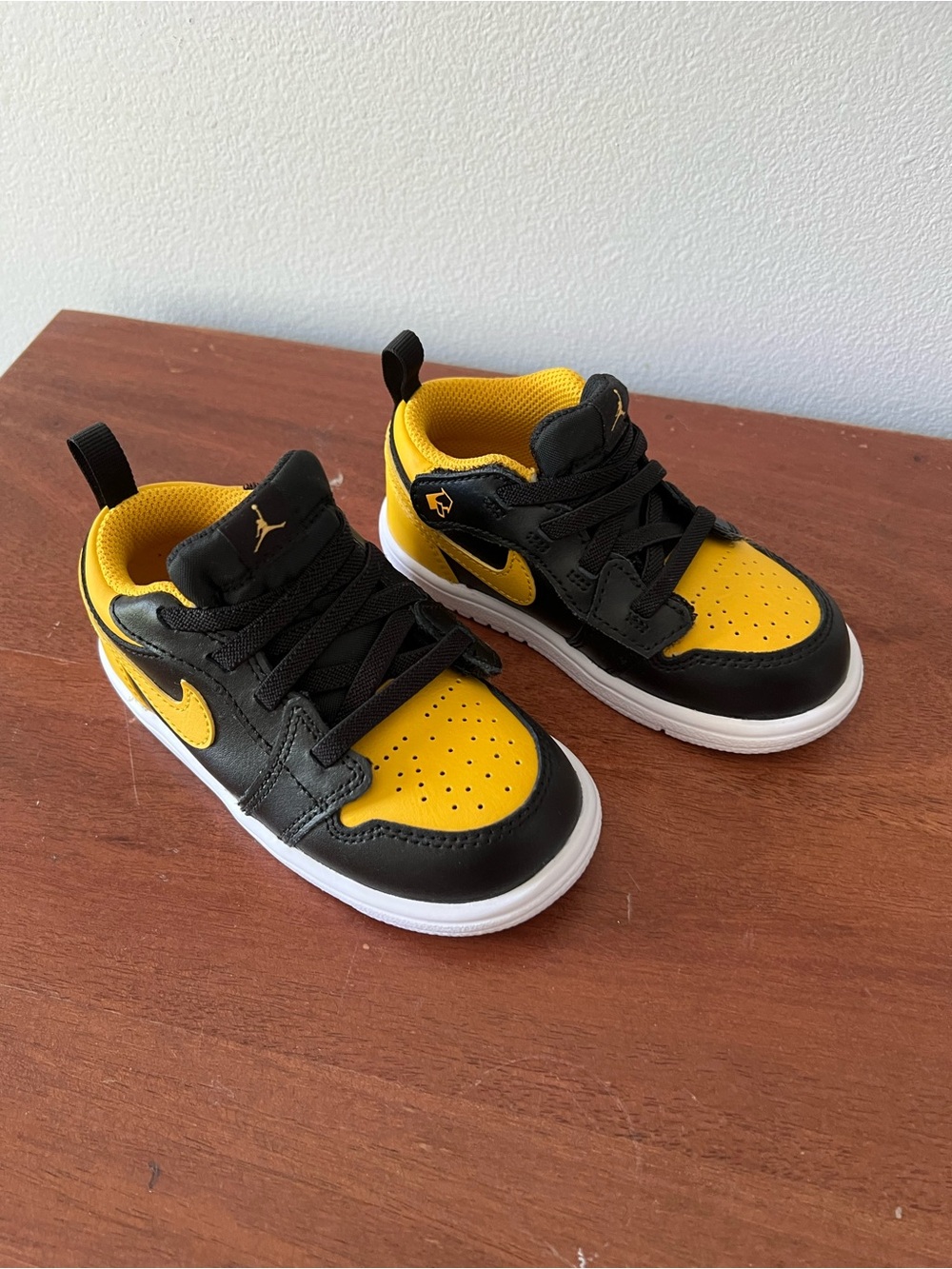 New Nike Air Jordan Kids Black and Yellow Low-Top Sneakers with Swoosh